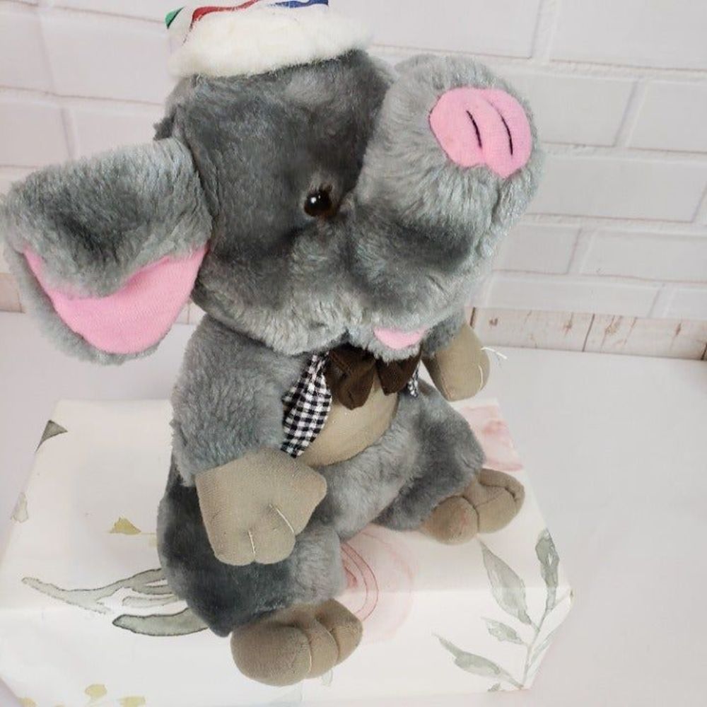 Vintage Belgium Gray Dressed Elephant Plush Trunk Up Pink RARE Stuffed Animal